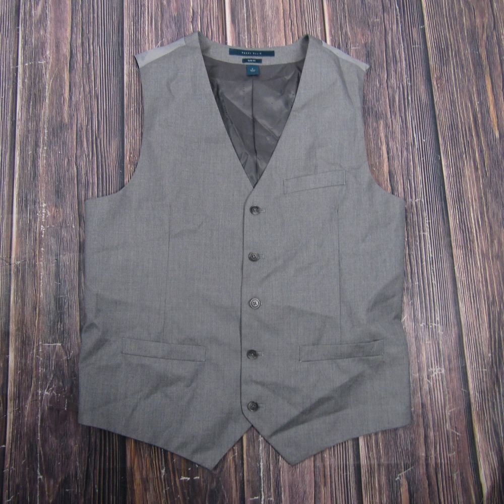 Perry Ellis Vest Mens L Gray Slim Fit 3 Piece Suit Waistcoat Belted Poly Viscose